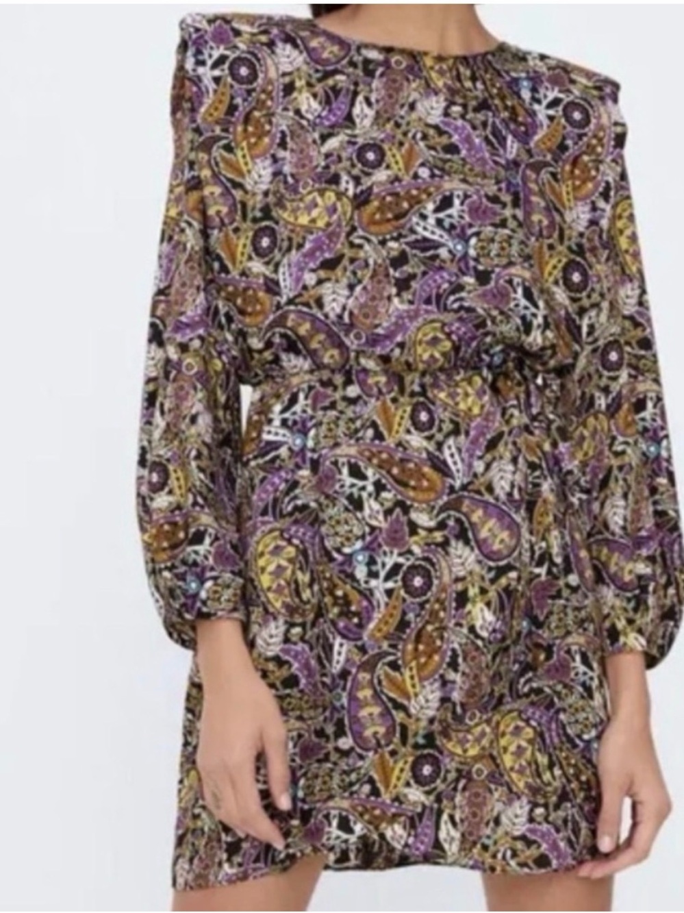 Zara Purple Paisley Long-Sleeve Mini Dress with Black & Gold Accents